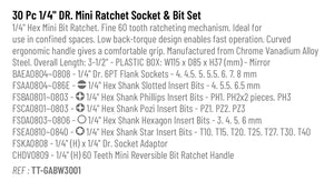 TOPTUL 30PCS 1/4" DR. Mini Ratchet Socket & Bit Set